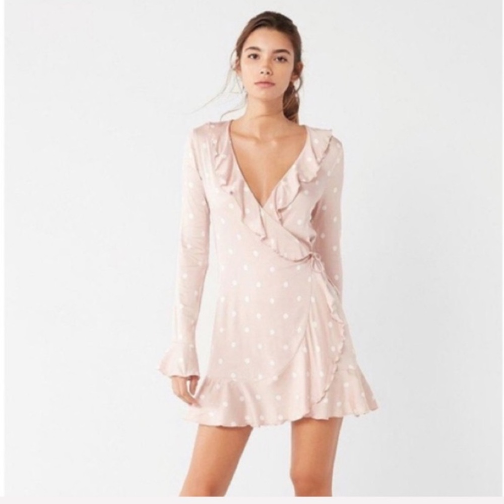 Urban Outfitters Pink Polka Dot Mini Wrap Dress